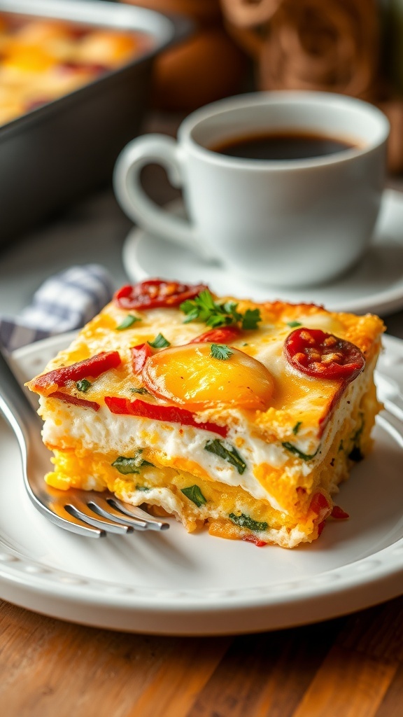 Overnight Breakfast Casserole Recipe A slice of breakfast casserole with eggs, cheese, and vegetables on a plate, garnished with herbs, in a kitchen setting.